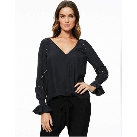 Ramy Brook Black V-Neck Long Sleeve Top Ruffle Lightweight Embellished Blouse - Picture 1 of 7
